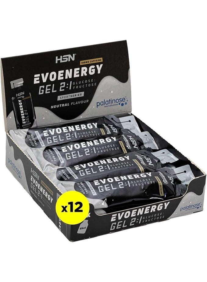 HSN Evonergy Gel With Caffeine | Unflavored - Box of 12 Units of 55ml | 30g Carbohydrates per Gel Ratio 2:1 (Glucose:Fructose) | 100mg Sodium 100mg Caffeine | Fluid Texture | Non-GMO,Vegan, Gluten - Image 1